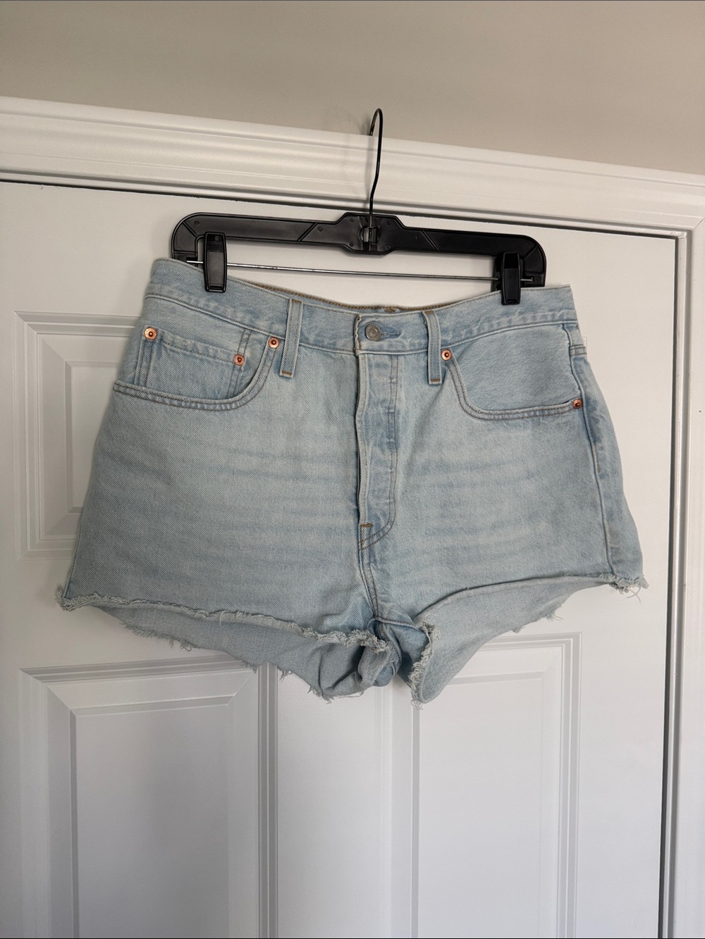 Levi's Light Blue Distressed High-Rise Jean Shorts